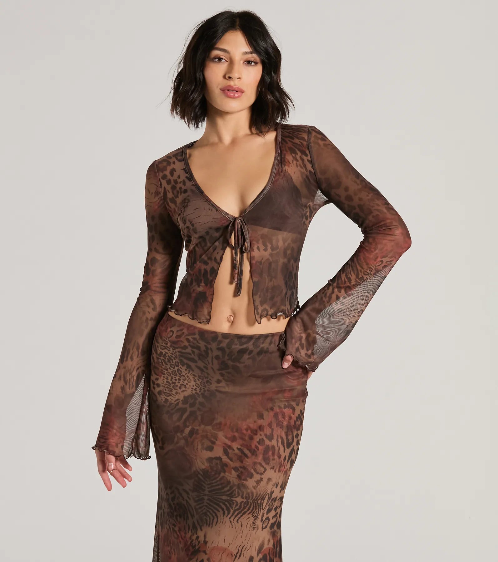 Wildly Sultry Tie-Front Leopard Rose Mesh Crop Top Classic Women's Pin - striped