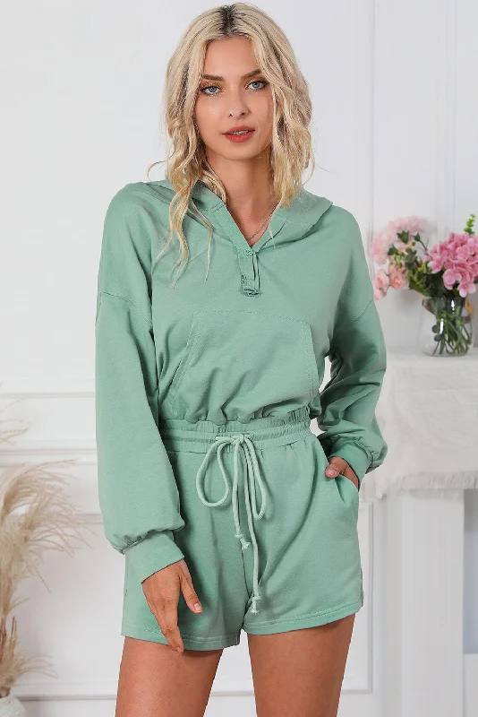 Drawstring Waist Hooded Romper with Pockets Disco