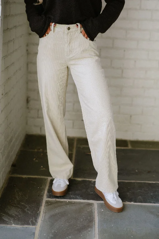 Mid-Rise Corduroy Pants-Ecru Practical Women's Quick - dry