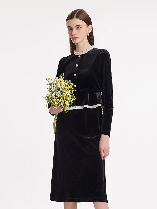 Ruffle Collar Velvet Women Midi Dress Unique Women's Upcycled