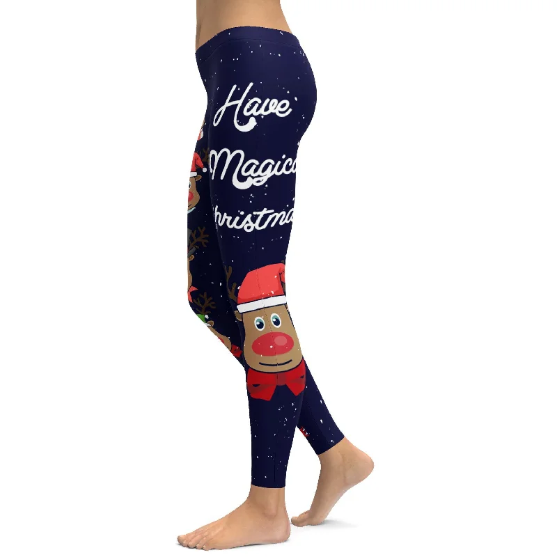 Christmas Reindeer Heads Leggings Traditional Women's Wool