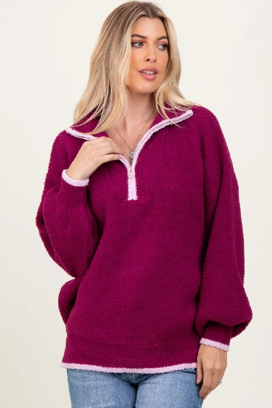 Magenta Soft Fuzzy Knit Quarter Zip Pullover Sweater garde