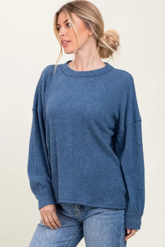 Blue Brushed Ribbed Knit Pullover Vintage Women's 1970S  Vintage Women's 1970S 