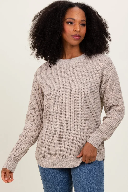 Dark Beige Waffle Knit Rounded Hem Sweater Modern Women's Tech