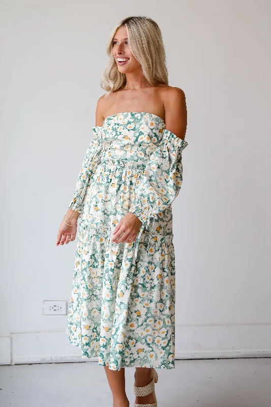 FINAL SALE - Delightful Aspect Sage Floral Off-The-Shoulder Midi Dress Compression