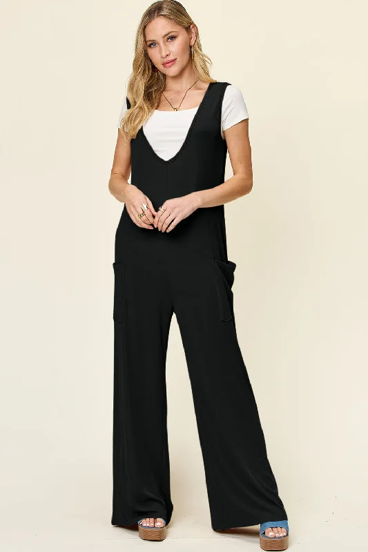 Double Take Full Size Sleeveless Wide Leg Jumpsuit with Pockets Sharp Women's Italian