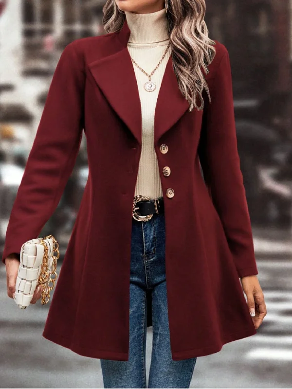 Collared Neck Button Up Long Sleeve Coat Refined Women's Classic 