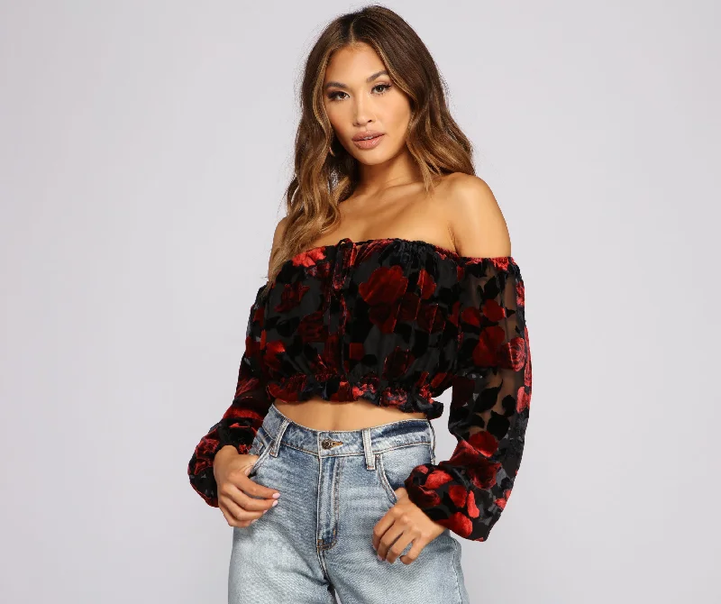 Floral Burnout Off The Shoulder Crop Top Feminine Women's Soft 