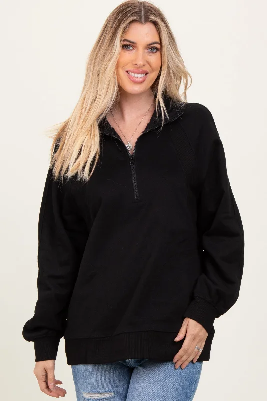Black Half Zip Contrast Rib Sweatshirt Top Hip Women's Retro