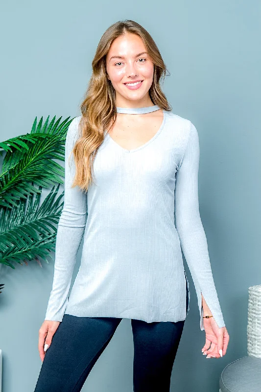 Split Cuffs Long Sleeve V-neck Chocker Top Unfinished Hem*  (T2001KL) Streetwear Style for 