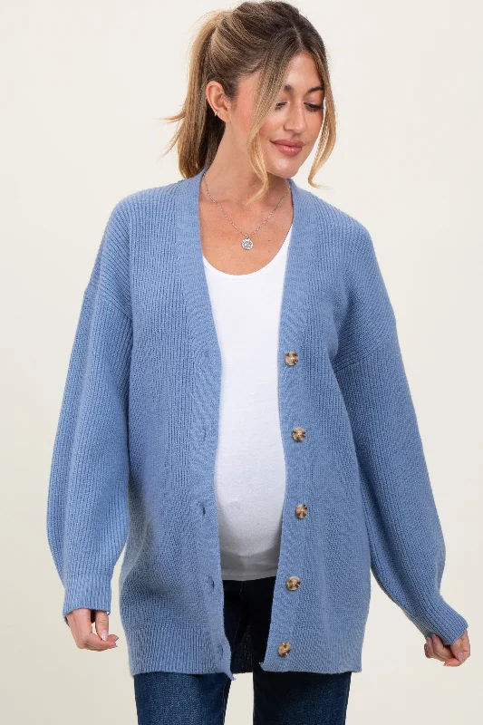 Blue Knit Oversized Button Down V-Neck Maternity Cardigan Classic Women's Pin - striped