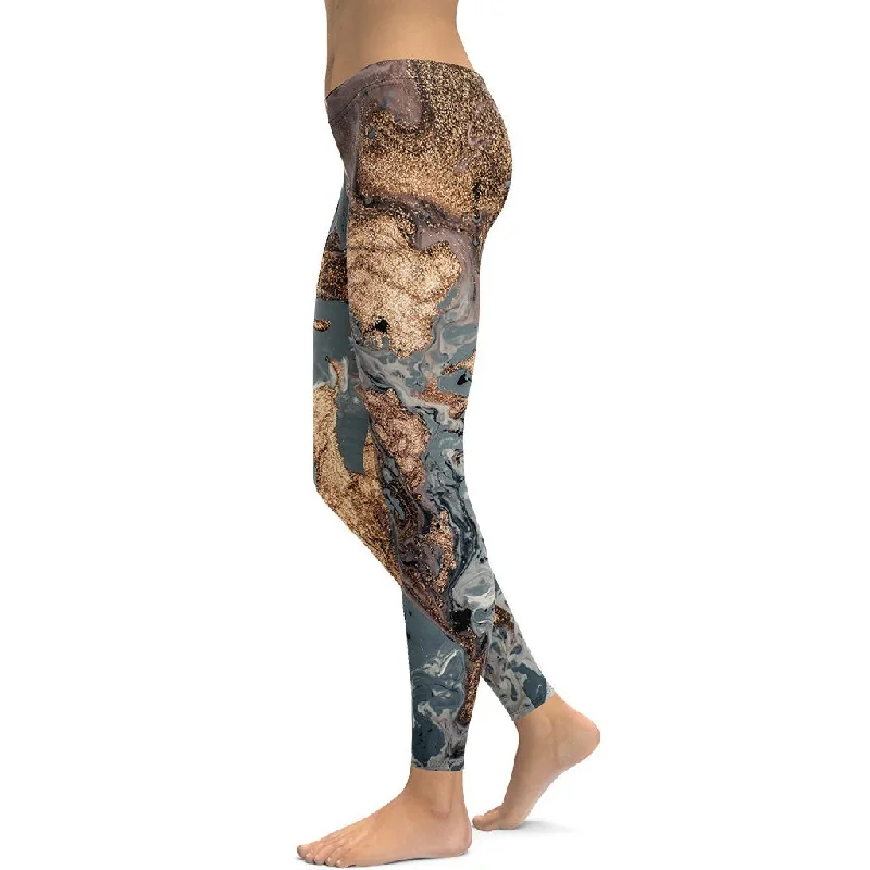 Bronze Marble Print Leggings Sleek Women's Metallic