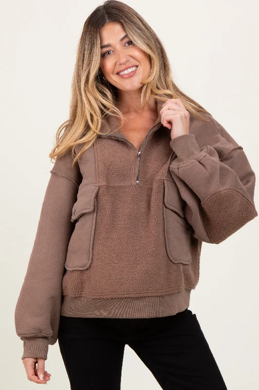 Mushroom Contrast Reversed Fleece 1/4 Zip Maternity Pullover Edgy Women's Punk