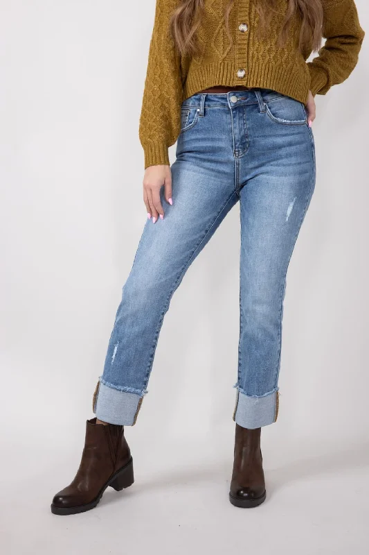Risen High Rise Cuffed Straight Leg Jeans for Women | RDP1282CH-LT Practical Women's Quick - dry