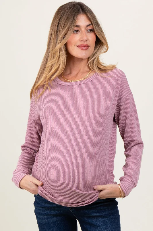 Mauve Ribbed Long Sleeve Maternity Pullover Top Youthful Women's Anime - inspired