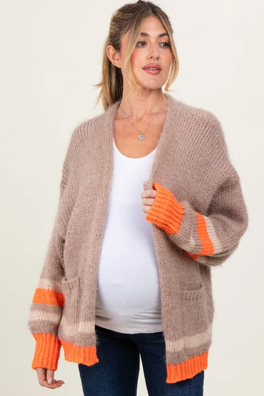 Beige Chunky Knit Stripe Detail Maternity Sweater Cardigan French