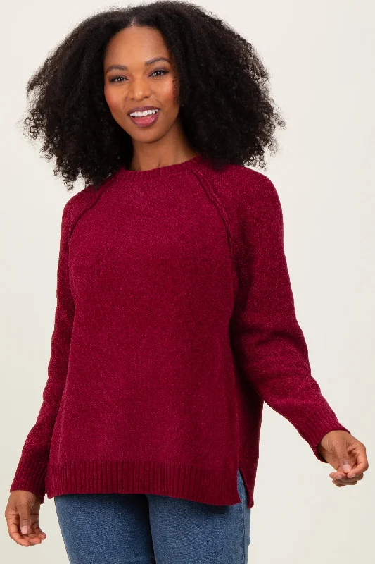 Burgundy Raglan Knit Sweater Athletic Women's High - 