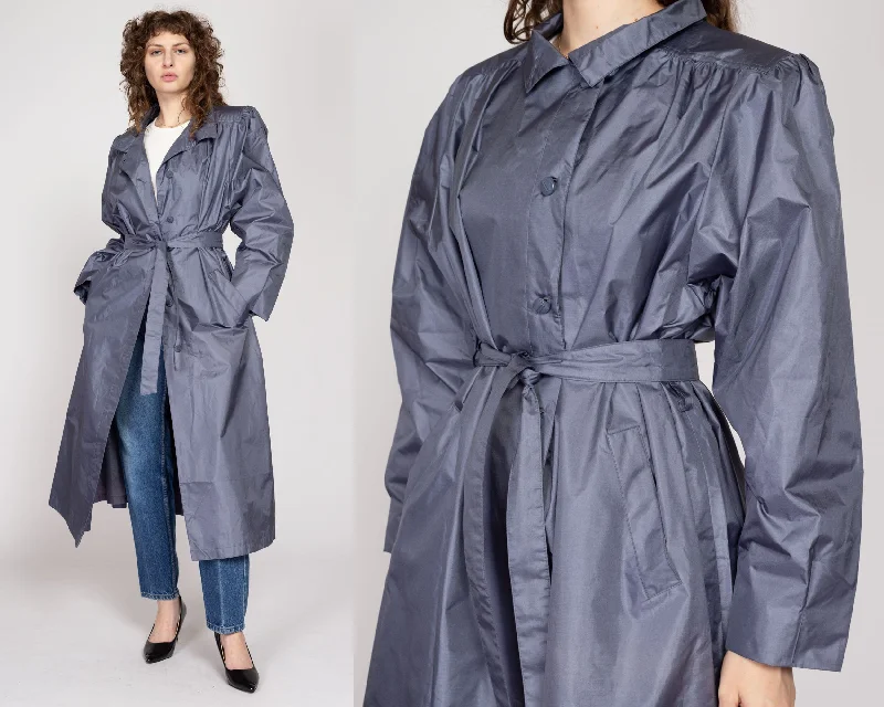 XL 80s Shiny Slate Grey Belted Trench Rain Jacket Refined Women's Hand - crafted