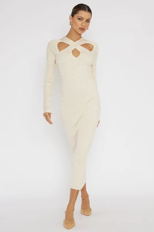 One Mind Cut-Out Neckline Knit Midi Dress Cream Monochromatic All - in - one
