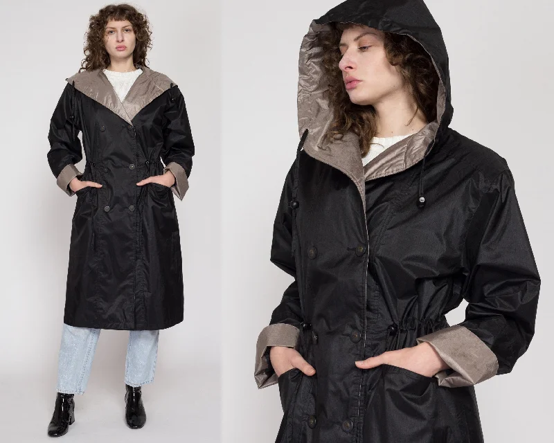 Small 90s Shiny Black Hooded Raincoat Hip Women's Retro