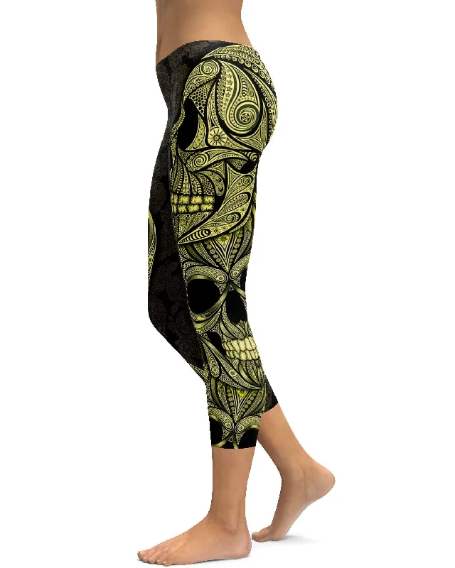 Yellow Ornamental Skull Capris Confident Women's Power