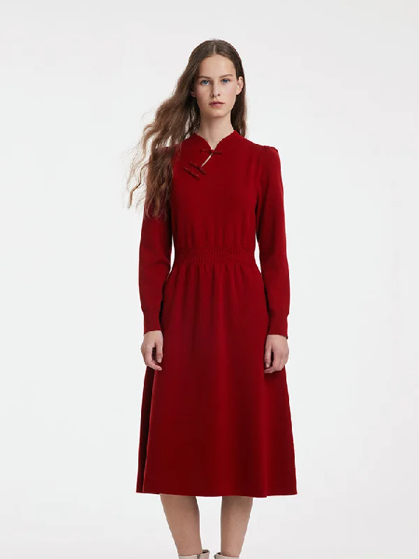 Tencel Wool Cheongsam Button Gathered Waist Women Qipao Dress Hip Women's Retro