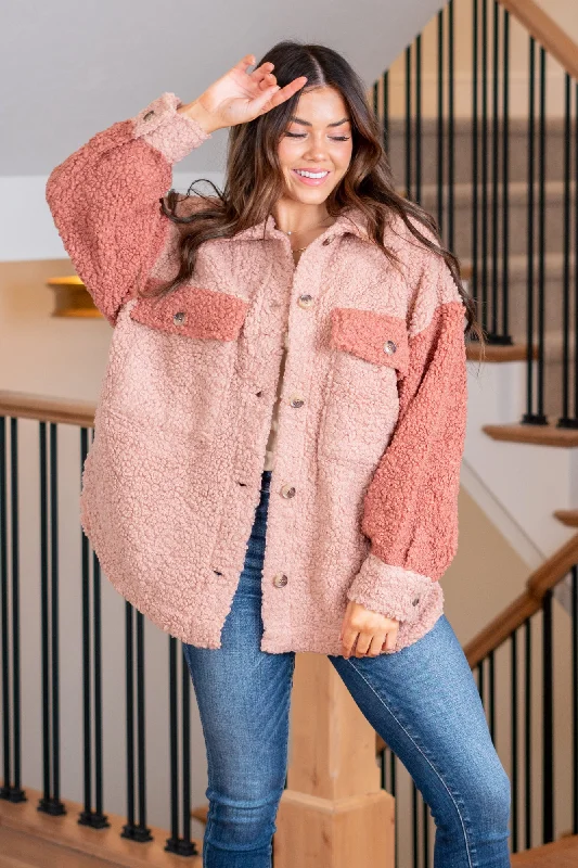 Oversized Color Block Sherpa Jacket - Dusty Pink Cool Women's Skate