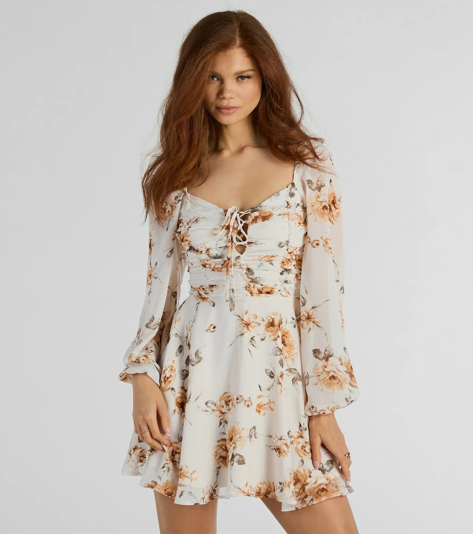 Gorgeous Mood Lace Up Floral Chiffon Skater Dress Tough Women's Military - inspired