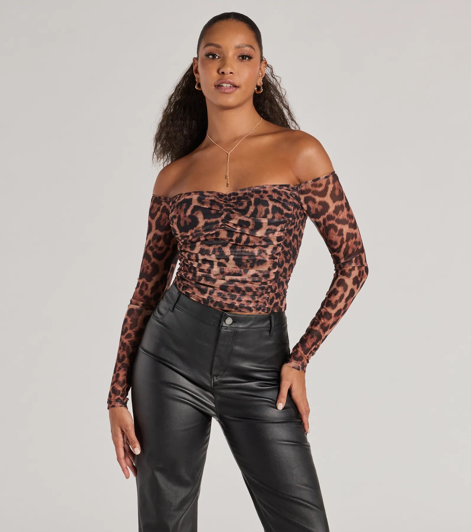 Sultry Leopard Print Mesh Off-The-Shoulder Top Artistic Women's Avant - 