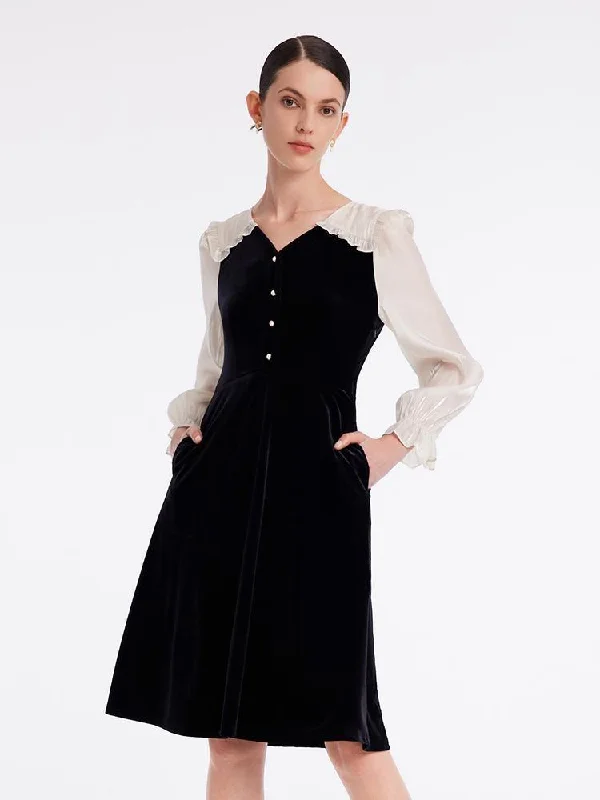 Velvet Patchwork Midi Collared Dress Elegant Women's Formal 
