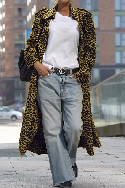 Leopard Collared Neck Long Sleeve Trench Coat Polished Women's Silk