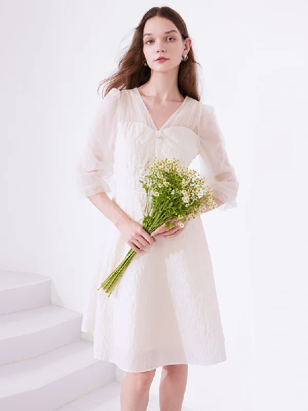 White Mesh Half-Sleeve V-Neck Jacquard Midi Dress Dapper Women's 1920S