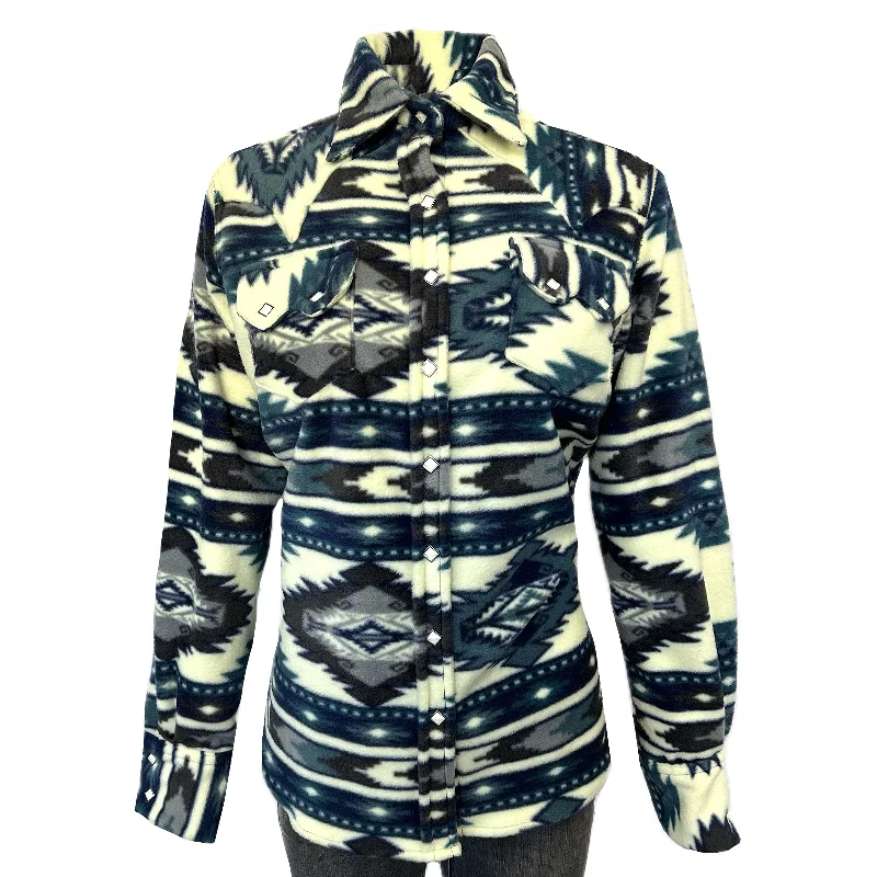 Women's Native Pattern Fleece Western Shirt in White & Blue Stylish Women's Neon