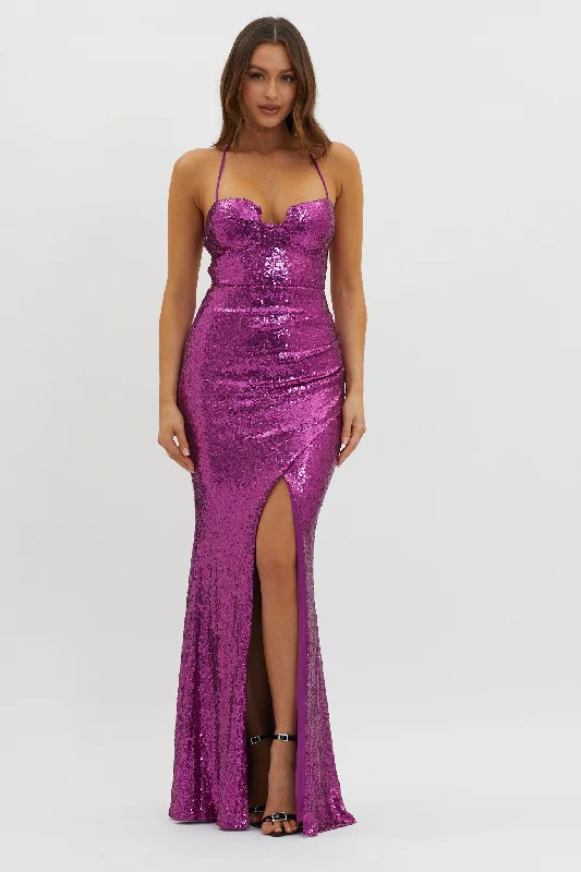 Starry Eyes Lace-Up Back Sequin Maxi Dress Magenta Stylish Women's Tropical 
