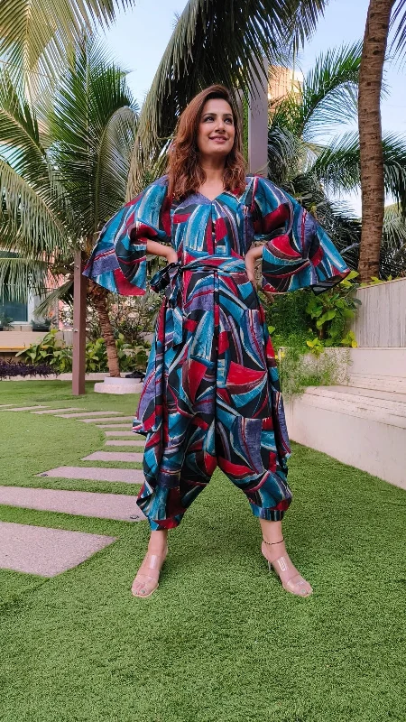 Blue Abstract Dhoti Jumpsuit With Belt Stylish Women's Neon