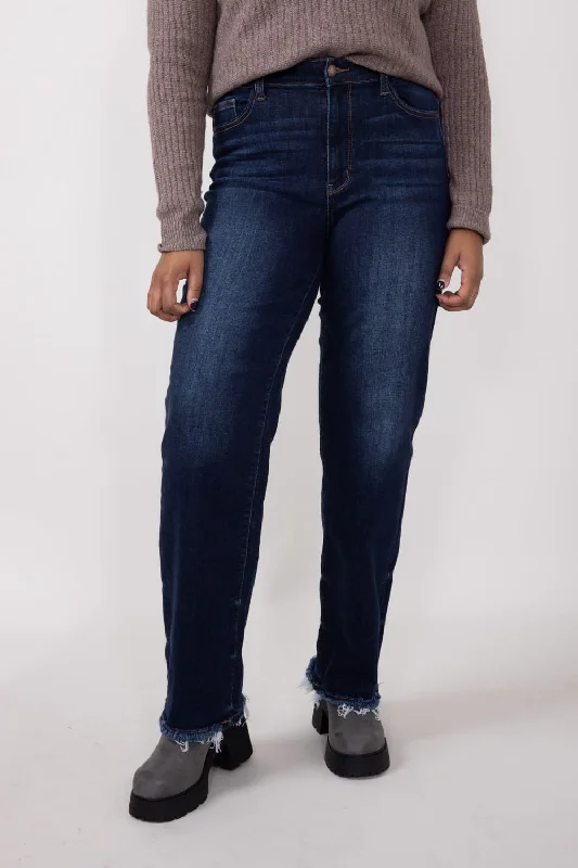 Judy Blue Midrise Dark Wash Straight Frayed Hem Jeans for Women | 82622REG Traditional Women's Wool