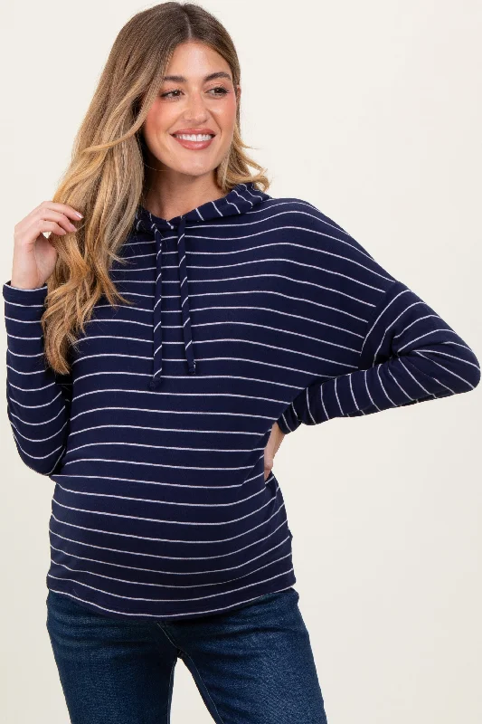 Navy Striped Drawstring Hoodie Maternity Top Street