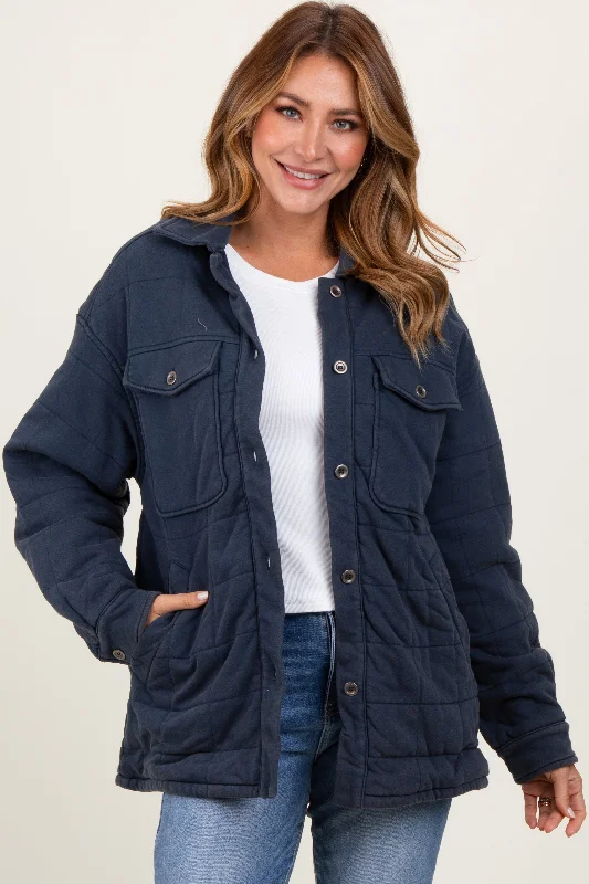 Navy Oversized Collared Button Down Quilted Jacket Adventure