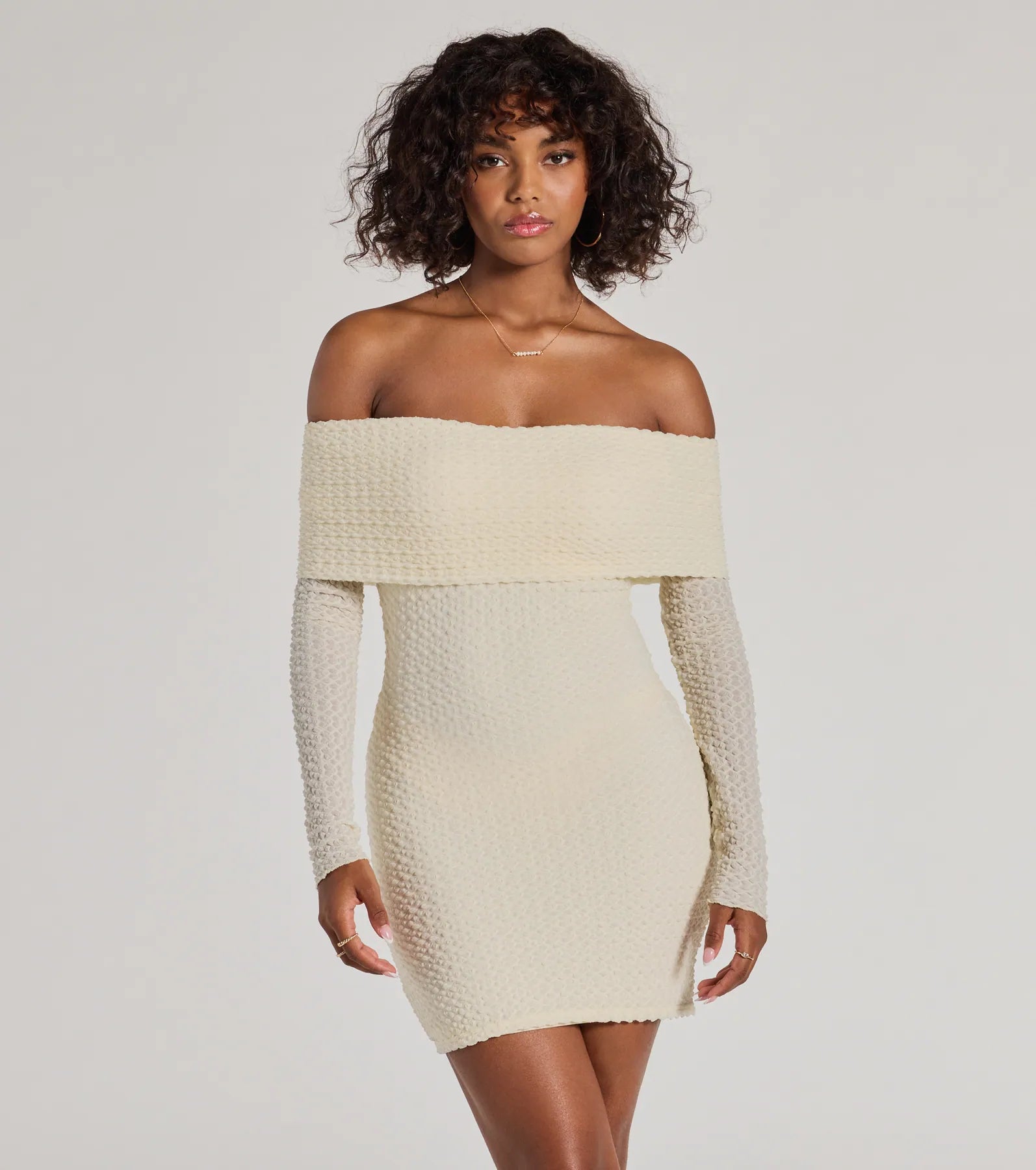 Trendy Textures Long Sleeve Mini Dress Monochromatic Office Style