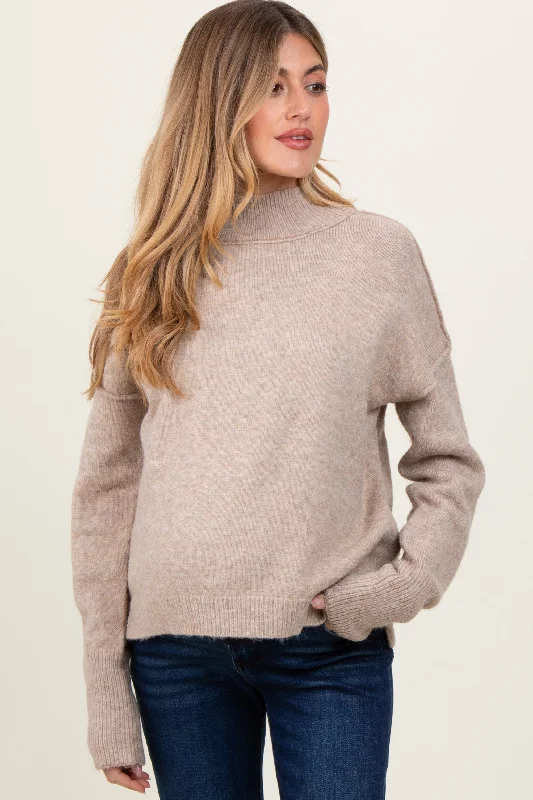 Light Taupe Mock Neck Contrast Seam Maternity Sweater Sophisticated Women's Tailored