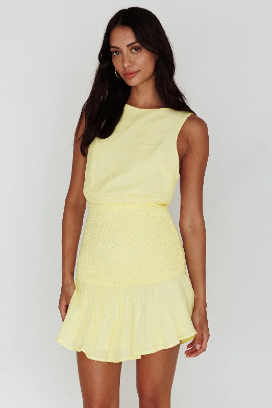 Antonine Elasticated Straps Shirred Waist Mini Dress Lemon Earthy Women's Hemp - based