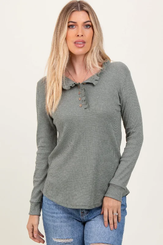 Olive Ruffle Collar Micro Waffle Knit Henley Top Classic Women's Tweed