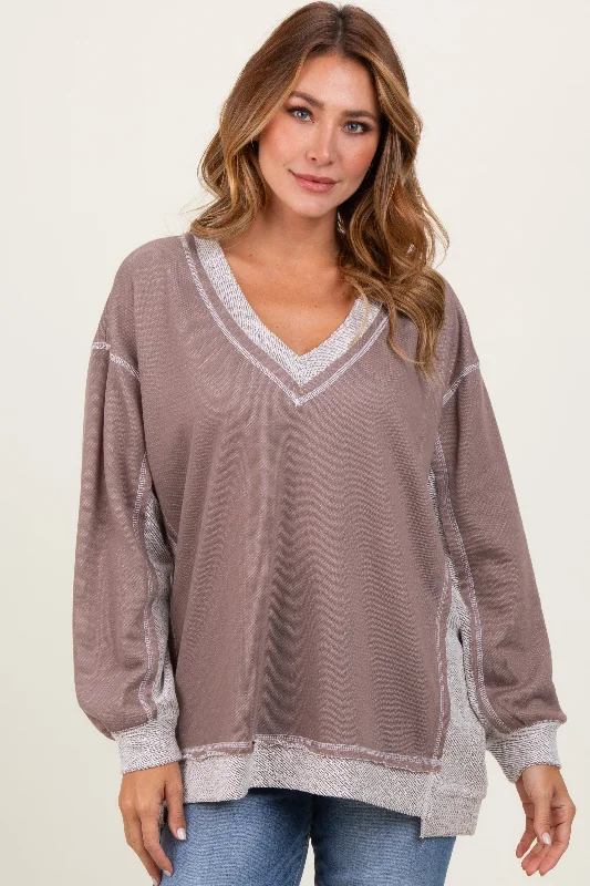 Mocha Contrast French Terry Long Sleeve Top Classic Women's Tweed