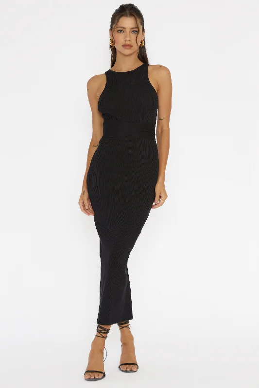 Charmed Me Ribbed Knit Midi Dress Black Dapper Women's 1920S