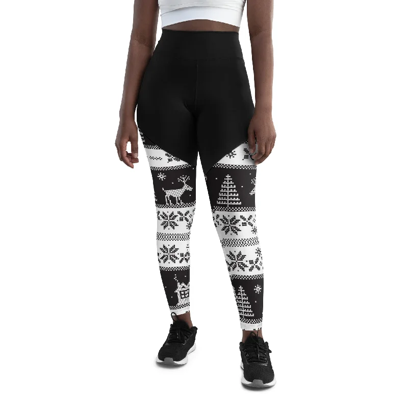 Vintage Black & White Christmas Compression Leggings Cozy Women's Sherpa - lined