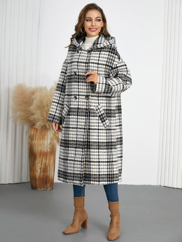 Plaid Double-Breasted Long Sleeve Longline Coat Cool Women's Distressed