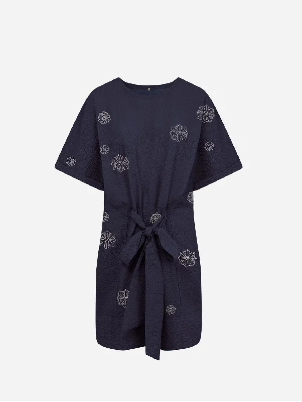 Akina Women's Embroidered Organic Cotton Dress | Navy Adventure