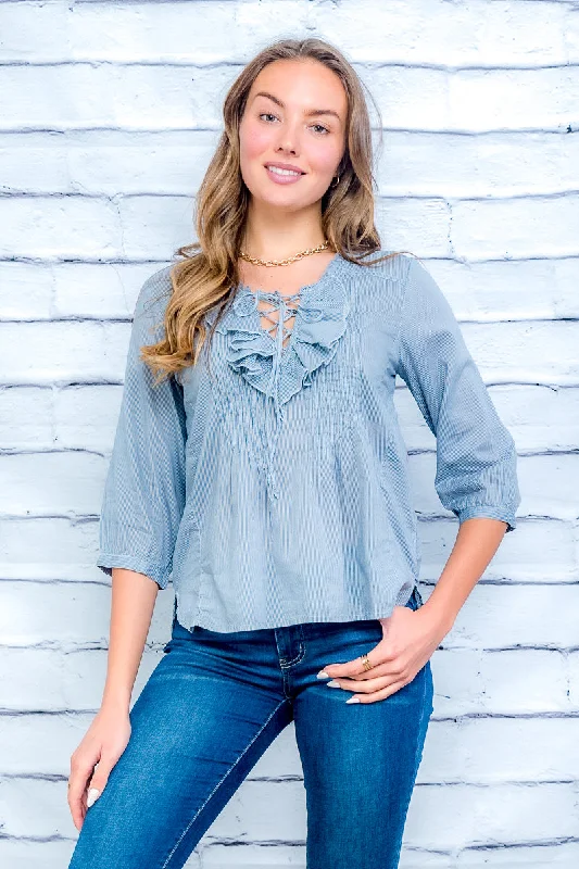 V-neck Lace Up 3/4 Sleeve Top (V1244-F006) Minimalist Women's Casual