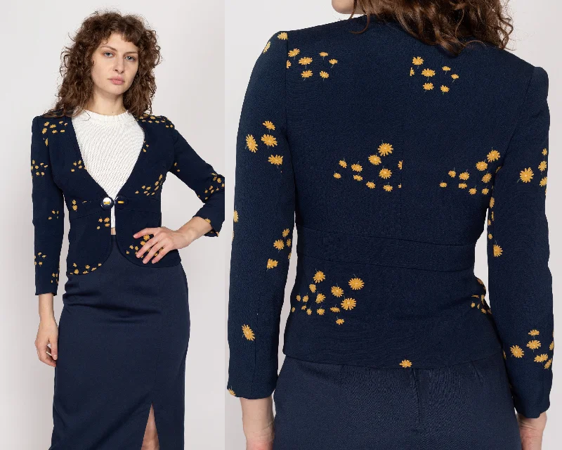 XS 70s Navy Blue Floral Blazer Minimalist Women's Casual