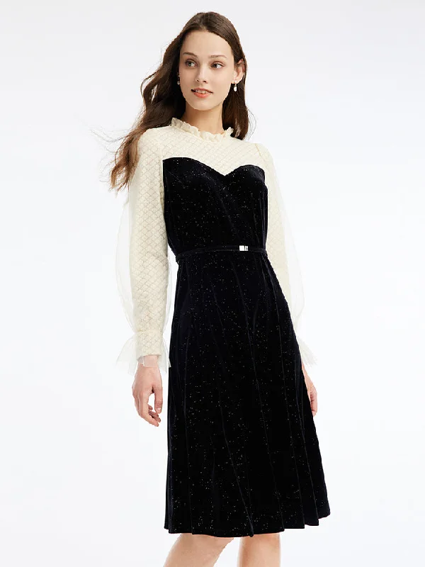 Velvet Patchwork Color Block Midi Dress Minimalist Women's Casual